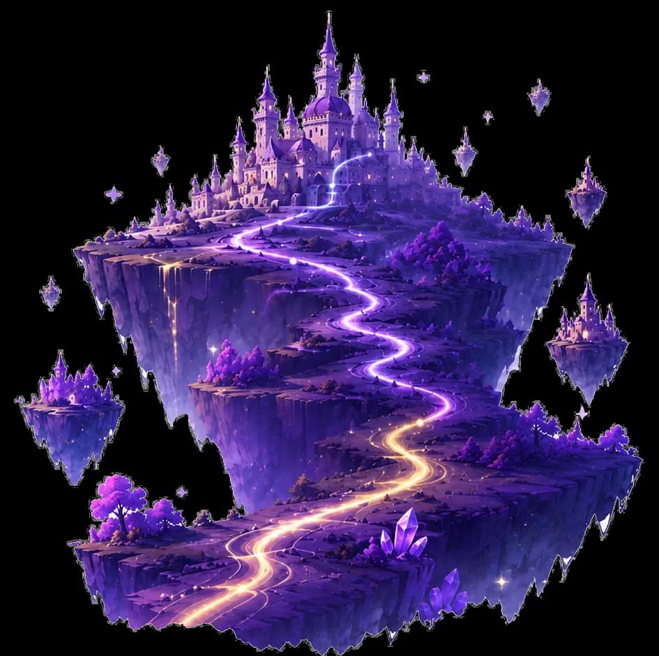 A luminous fantasy castle floating above clouds with branching light paths
